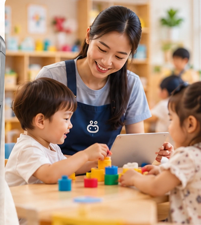 Pengasuh daycare mendampingi anak berkegiatan dengan perhatian penuh